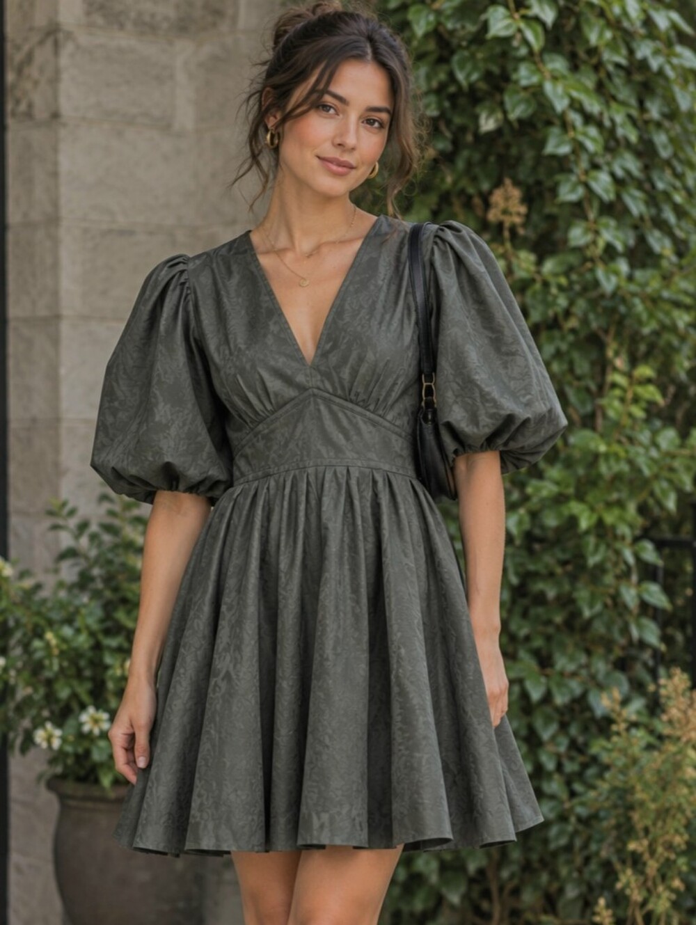 Faux Leather Y2K Olive Green Smooth Puff-Sleeve V-Neck Skater Dress Sz M